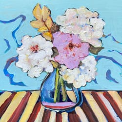 flowers painting original oil painting galainart still life painting white flowers fauvism striped tablecloth wall decor