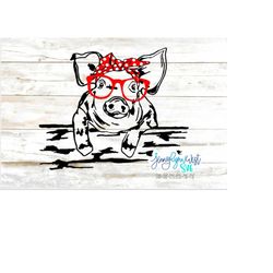 Pig with Glasses and Bandana SVG Farmhouse Pig PNG Sublimation Digital Download Printable PNG Pig Bandana Clipart Silhou