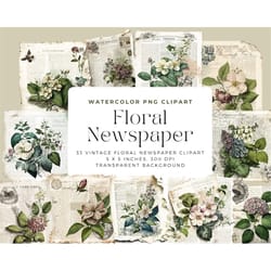 vintage floral newspaper png, vintage scrapbook clipart newspaper, floral elements, commercial use, digital clipart png