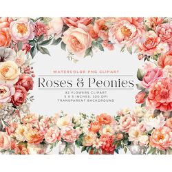 roses and peonies flowers png, watercolor floral clipart bouquets, elements, commercial use, digital clipart png