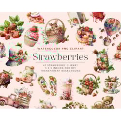 watercolor strawberries clipart png, watercolor sublimation strawberries clipart, strawberries bundle illustrations, com