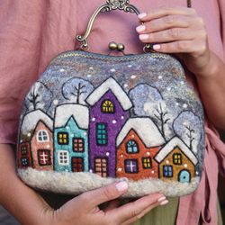 handbag designer grey with houses, felt bag romantic