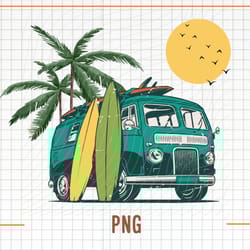 surfing van png, vintage summer vehicle clipart, palm beach sublimation file, surf board stencil, he