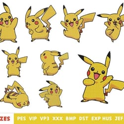 9 pikachu embroidery design - pokemon embroidery - machine embroidery design files - 10 formats, 5 sizes