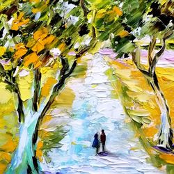 Tree Painting Couple in Love Original Art Landscape Artwork by ArtOlgaGoncharova