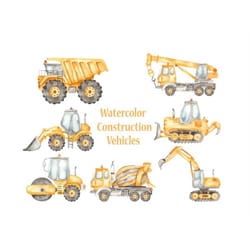 construction vehicles png , watercolor clipart , bulldozer , cement truck , excavator , dump truck , construction truck