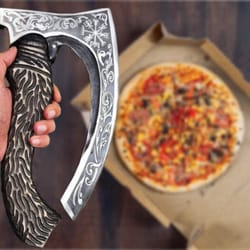 handmade pizza axe, pizza slicer hand forged viking pizza cutter, viking bearded with sheath