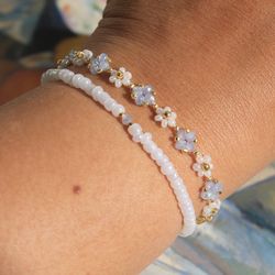 Dainty beaded bracelet Seed bead bracelets set Handmade blue bracelet set Flower crystal bracelet Braided jewelry