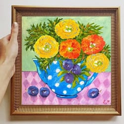 still life painting marigold flowers painting blue vase painting original oil painting polka dot teapot wall decor art