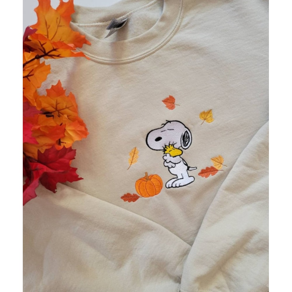 Snoopy Hug Woodstock Fall Embroidered Sweatshirt, Snoopy Pumpkin Embroidered Hoodie, Halloween Cartoon Dog Embroidery Crewneck Sweatshirt.png