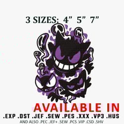 gengar evolution embroidery design, pokemon embroidery, anime design, embroidered shirt, anime shirt, digital download