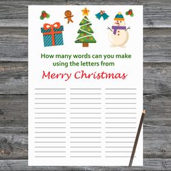 Christmas party games,How Many Words Can You Make From Merry Christmas,Snowman and tree Christmas Trivia Game Cards