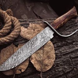 custom handmade damascus steel hunting bowie knife with rose wood handle