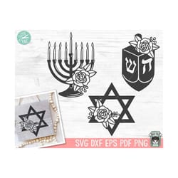 hanukkah svg file, chanukah svg file, floral hanukkah cut file, flower hanukkah svg, dreidel svg, menorah svg, star of d