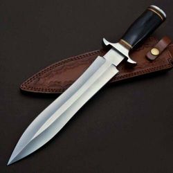 custom handmade d2 steel hunting bowie knife with leather sheath.
