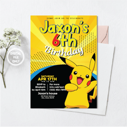 personalized file pikachu invitation pokemon birthday party invite printable digital pokemone girl boy cake topper party