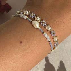 Shiny purple bracelet Pearl beaded bracelet Flower lilac bead bracelets Handmade bracelets set Dainty jewelry for women