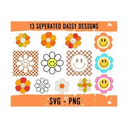 Retro Daisy Smile Face Svg Bundle, Digital Download Flower, Daisy SVG, Smile Face, Flower For Cricut,  Daisy for Silhoue