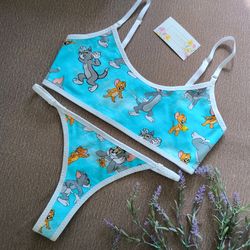 Cotton underwear set "Cat and mouse" | bra, bralette and panties| underwear with print