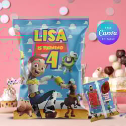 toy story chip bag template, toy story chip bag birthday girl canva editable and printable digital download