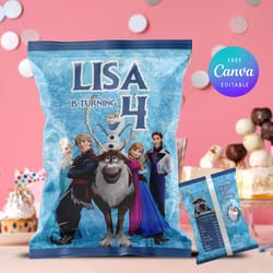 disney frozen chip bag template, elsa chip bag birthday girl canva editable and printable digital download