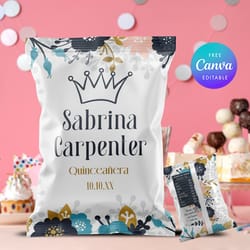 floral chip bag template, quinceanera quince chip bag, 16 birthday chip bag editable and printable digital download