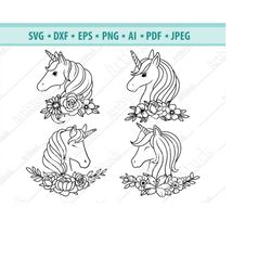 Unicorn SVG File, Unicorn Flowers svg, Unicorn Cut File, Unicorn Clipart, Cute unicorn vector, Unicorn Floral svg, Unico