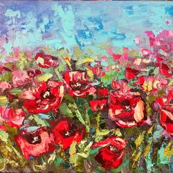 poppies landscape oil painting field flowers impasto original artist svinar oksana