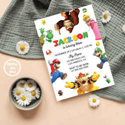 personalized file editable birthday invitation digital, super brothers evite, printable download, video game kid invite,