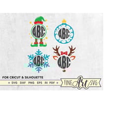 christmas monogram svg files, monogram frame svg, elf monogram svg, christmas ball svg, reindeer svg, snowflake monogram