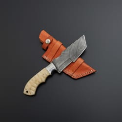 custom handmade damascus steel tracker knife handle cow bone with leather sheath