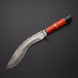 custom handmade damascus steel kukri knife handle hardwood/damascus guard with beautiful leather sheath