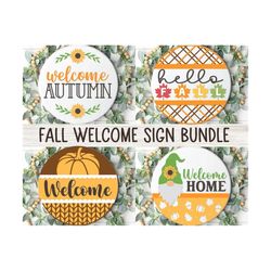 Hello Fall Welcome Sign Bundle, Round Door Hanger SVG, Autumn Sign Svg, Hello Pumpkin Decor, Glowforge, Sunflower Png, S