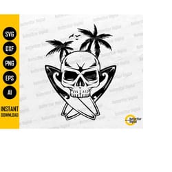 surfing skull svg | beach crossbones svg | summer island waves surf palm trees | cutting file cuttable clipart vector di