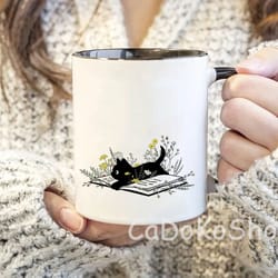 black cat mug, bookish mug, book reader gift, book lover coffee mug, personalized gift, cat mug, cat mom gift, cat dad g