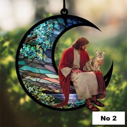 pixie bob and jesus sitting on the moon suncatcher ornament, cat lover ornament, christian christmas