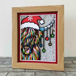 christmas highland cow shadow box svg/ christmas card highland cow/ 3d layered cardstock/ for cricut/ for silhouette