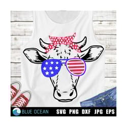 4th of july cow svg, cow with american flag sunglasses, patriotic cow svg, american flag cow cut files