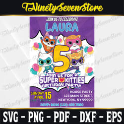 super kitties birthday invitation card template, birthday digital invitation, birthday party invitation, birthday theme