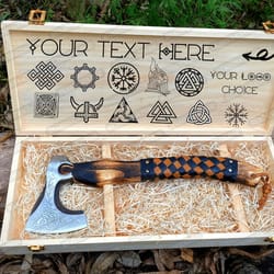 viking valhalla axe with wooden box engraved & personalized gift for viking men on wedding, anniversary, birthday, groom