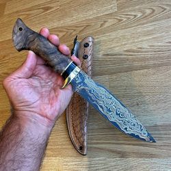 real damascus bowie knife walnut & ebony wood handle -150 layers- blacksmith made hunting knife - damascus steel knife