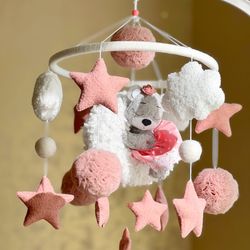 bear mobile crib, baby girl mobile musical, nursery mobile felt, baby shower gift, nursery decor, mothers d gift