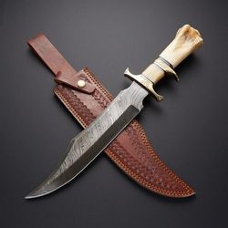 handmade damascus steel hunting bowie knife, camel bone handle & leather sheath