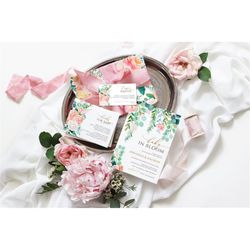 Baby in Bloom Shower Invitation Set, EDITABLE Template, Printable Greenery Floral Event Pack, Pink & White Rose Flowers