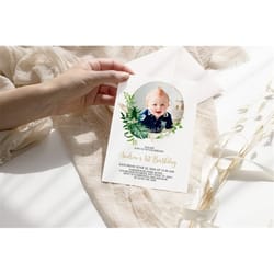 tropical baby's first birthday party invitation, editable template, floral printable 1st birthday invite, green & gold,