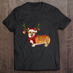 corgi reindeer santa hat christmas lights tshirt