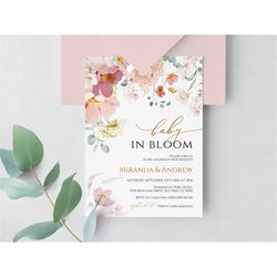 Baby in Bloom Shower Invitation, EDITABLE Template, Wildflowers Printable Girl Invite, Pink & Red Floral Brunch Card, Fl