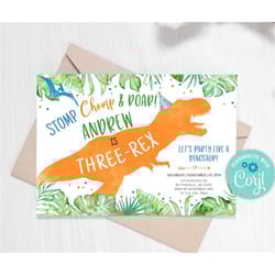 editable three-rex dinosaur birthday invitation boy dino t-rex invitation third birthday dino invite blue dinosaur party