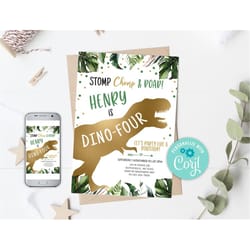 editable dino-four dinosaur birthday invitation, dino t-rex invitation, fourth birthday dino invite, gold dinosaur party