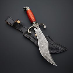 custom handmade damascus steel hunting bowie knife with leather sheath